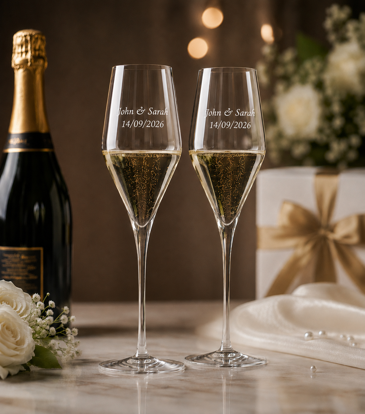 Engraved Wedding & Engagement Champagne Glasses – Set of 2 | Names & Date (Quatrophil)