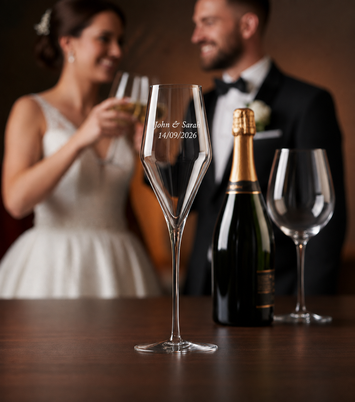 Engraved Wedding & Engagement Champagne Glasses – Set of 2 | Names & Date (Quatrophil)