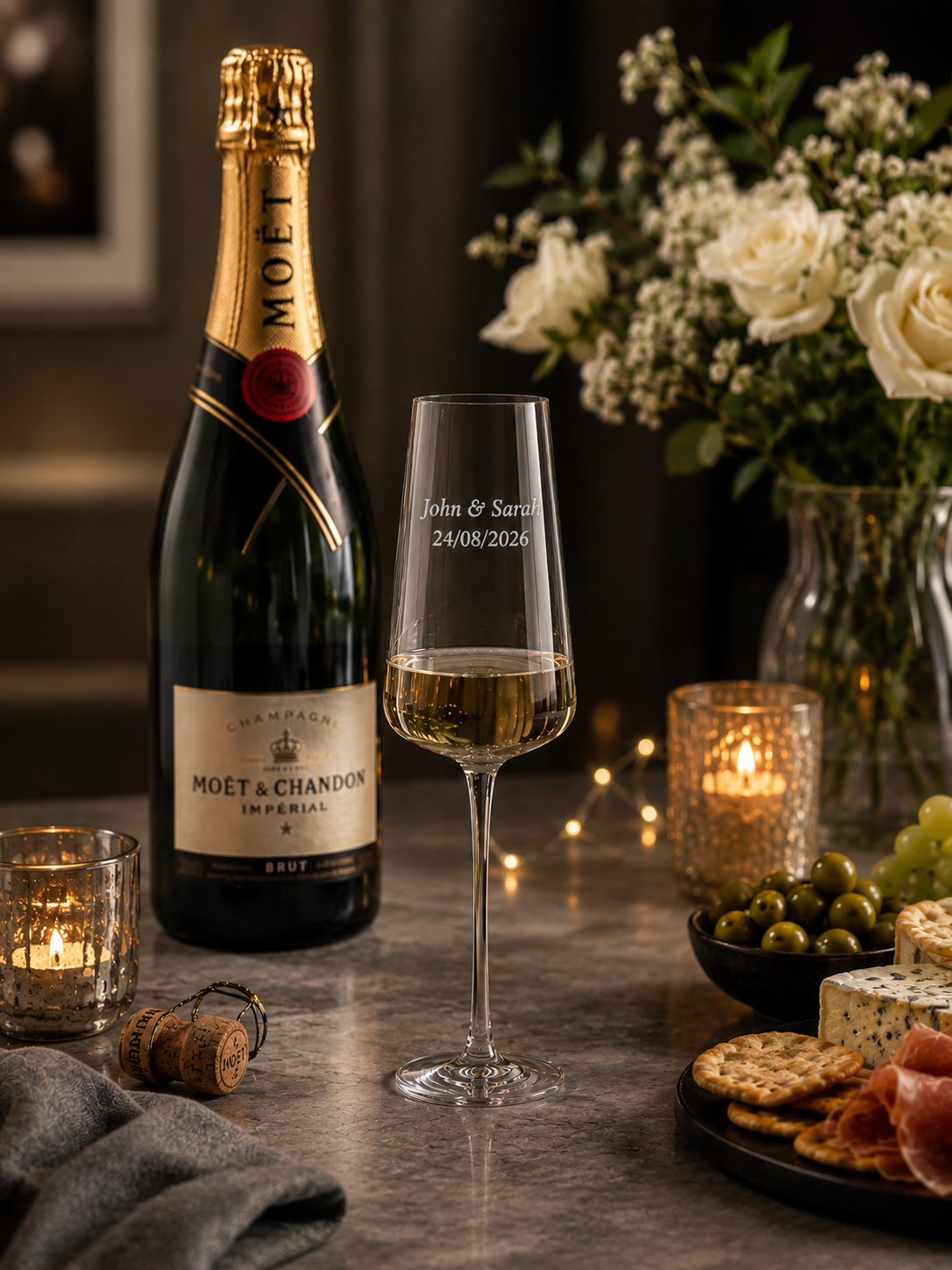 Engraved Wedding & Engagement Champagne Glasses – Set of 2 | Names & Date (Power)